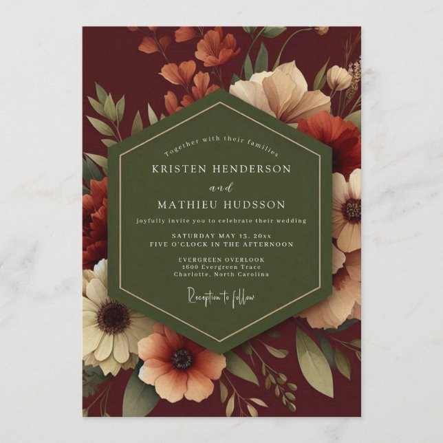Burgundy Autumnal Bloom Wedding Invitation (Front)