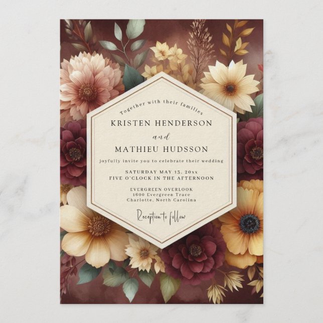 Burgundy Autumnal Bloom Wedding Invitation (Front)