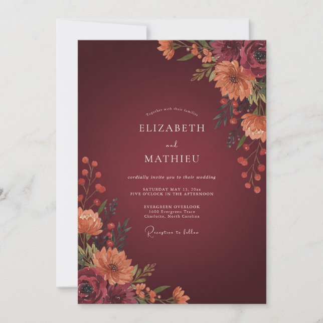 Burgundy Autumnal Botanical Wedding Invitation (Front)