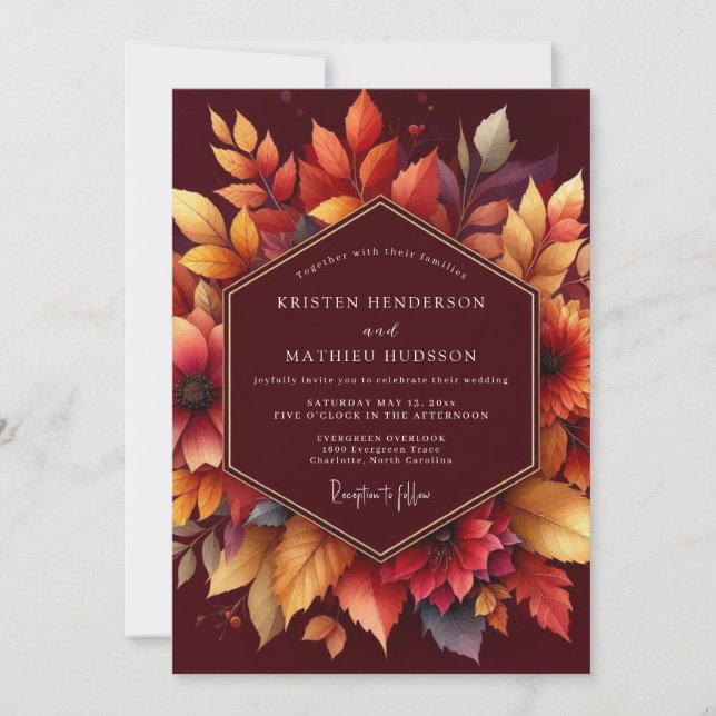 Burgundy Autumnal Floral Romance Wedding Invitation (Front)