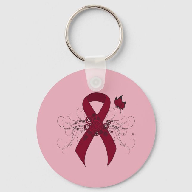 Burgundy Awareness Ribbon with Butterfly Key Ring (Front)