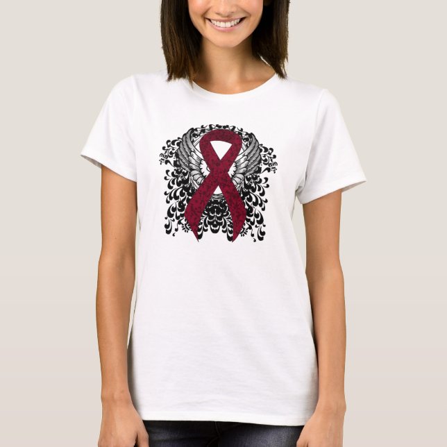 Burgundy Awareness  Ribbon with Wings T-Shirt (Front)