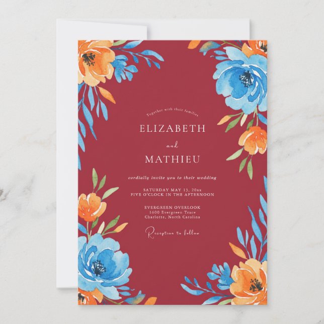 Burgundy Azure Bloom Wedding Invitation (Front)