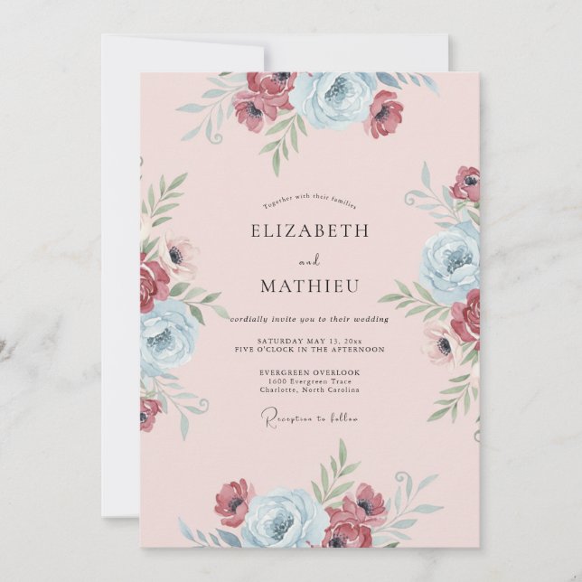 Burgundy Azure Painted Wedding Invitation (Front)