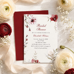 Burgundy Back Ivory Floral Bridal Shower Invitation