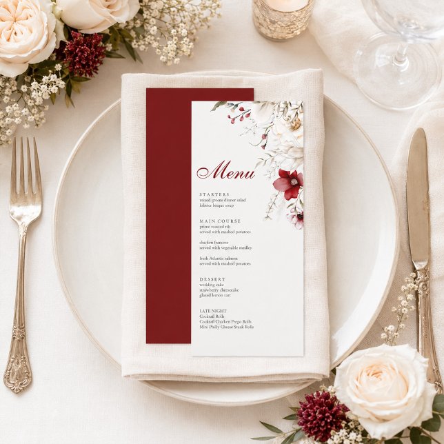 Burgundy Back Ivory Floral Wedding Menu Card (Burgundy Back Ivory Floral Wedding Menu Card)