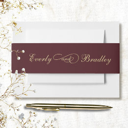 Burgundy Background Gold Script Elegant Dark Red Invitation Belly Band