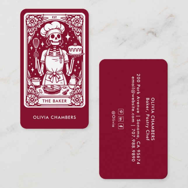 Burgundy Baker Tarot Skeleton Pastry Chef  Business Card (Front/Back)