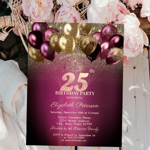 Burgundy Balloons Glitter 25th Birthday Invitation