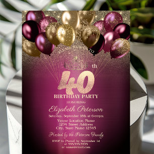 Burgundy Balloons Glitter 40th Birthday Invitation