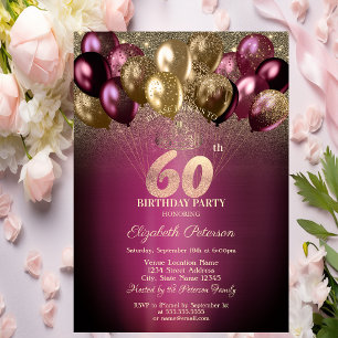 Burgundy Balloons Glitter 60th Birthday Invitation