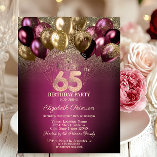 Burgundy Balloons Glitter 65th Birthday Invitation