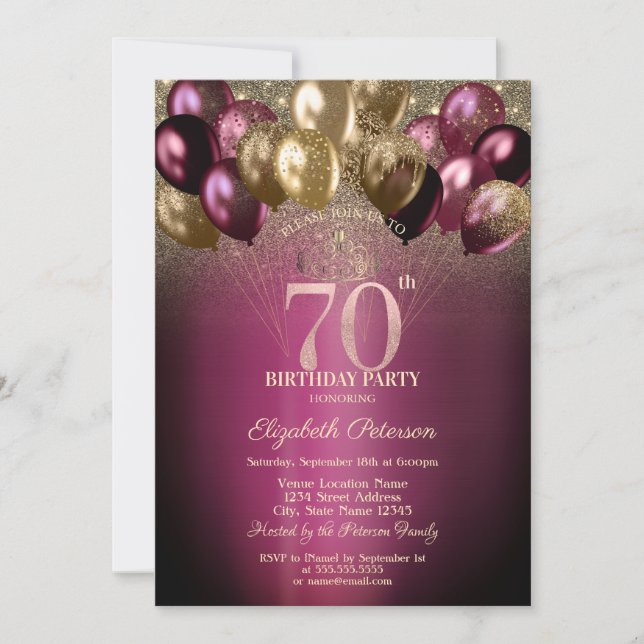 Burgundy Balloons Glitter 70th Birthday Invitation (Front)