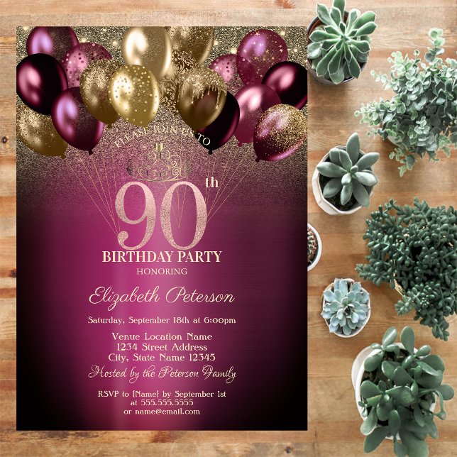 Burgundy Balloons Glitter 90th Birthday Invitation (Creator Uploaded)