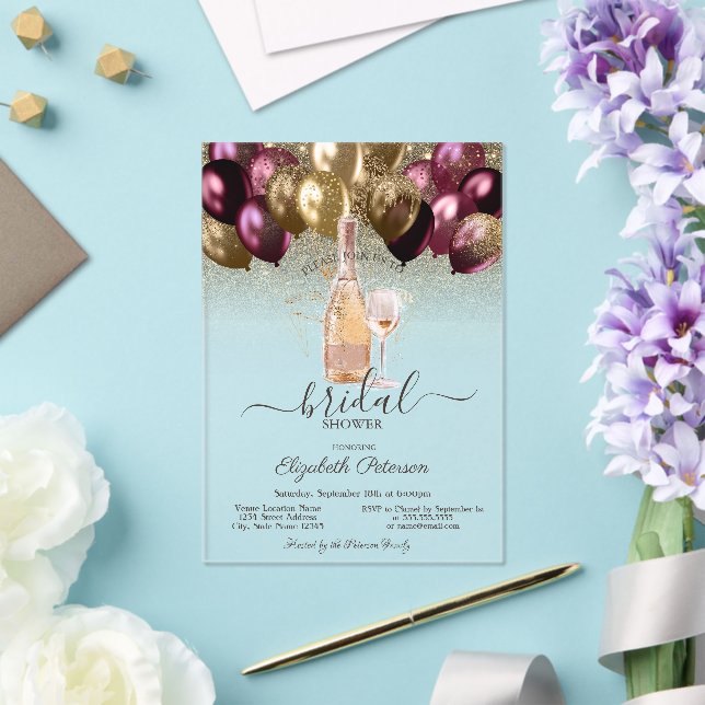 Burgundy Balloons Wine Set Glitter Bridal Shower Acrylic Invitations (Insitu (Wedding))