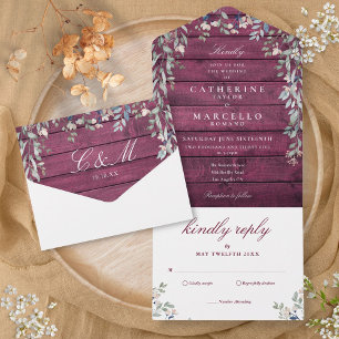 Burgundy Barn Wood Floral Greenery Cascade Wedding All In One Invitation