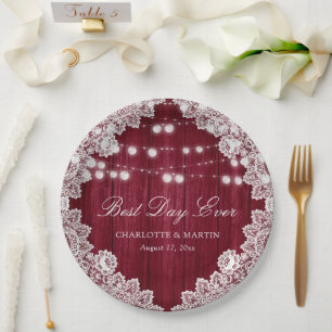 Burgundy Barn Wood Lace String Lights Wedding Paper Plate