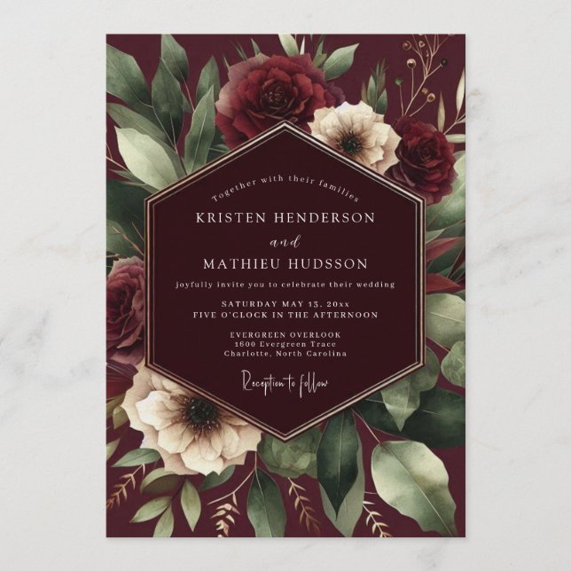 Burgundy Baroque Bloom Wedding Invitation (Front)