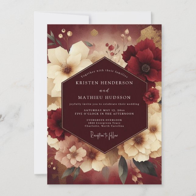 Burgundy Baroque Flora Wedding Invitation (Front)