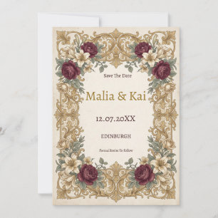 Burgundy Baroque Floral Save the Date Card