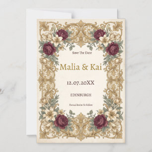 Burgundy Baroque Floral Save the Date Magnet