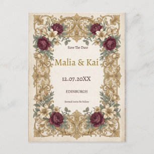 Burgundy Baroque Floral Save the Date Postcard