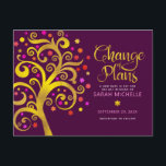 Burgundy Bat Mitzvah Change Plans Gold Tree o Life Invitation Postcard<br><div class="desc">Make sure all your friends and relatives will still be able to celebrate your daughter’s milestone Bat Mitzvah, regardless of current global unforeseen circumstances. Send out stunning, graphic faux gold foil tree with sparkly pink, orange, and red Star of David and dot “leaves” on a rich purple burgundy background, personalised...</div>