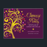 Burgundy Bat Mitzvah Change Plans Gold Tree o Life Invitation Postcard<br><div class="desc">Make sure all your friends and relatives will still be able to celebrate your daughter’s milestone Bat Mitzvah, regardless of current global unforeseen circumstances. Send out stunning, graphic faux gold foil tree with sparkly pink, orange, and red Star of David and dot “leaves” on a rich purple burgundy background, personalised...</div>