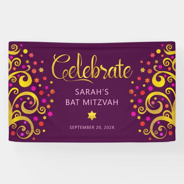 Burgundy Bat Mitzvah Gold Foil Script Tree of Life Banner (Horizontal)