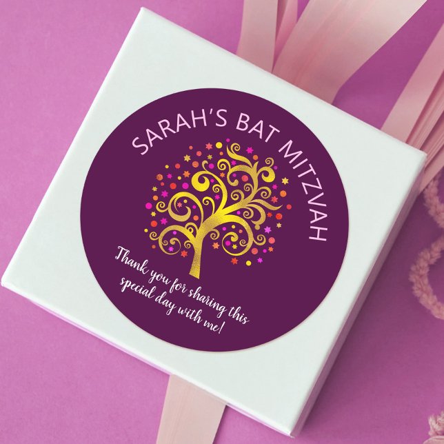 Burgundy Bat Mitzvah Gold Foil Tree of Life Modern Classic Round Sticker (Creator Uploaded)