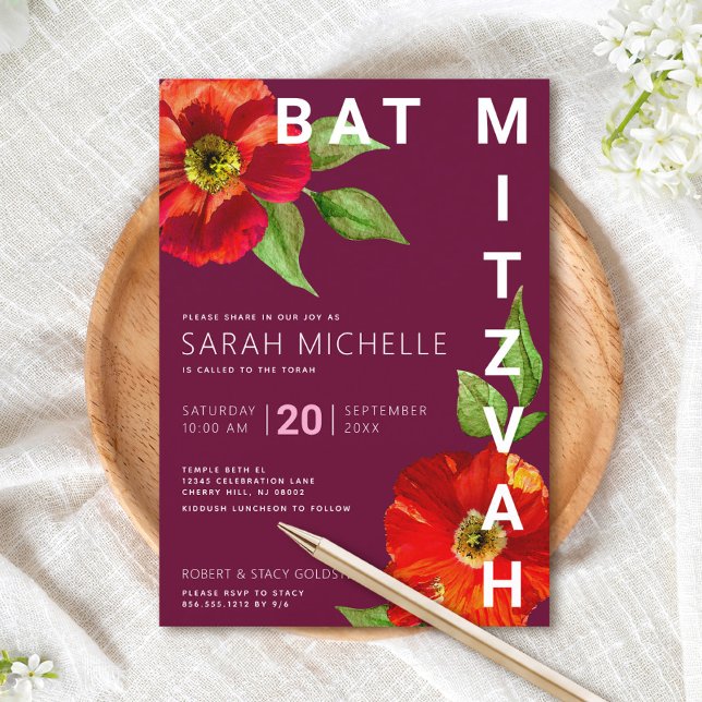 Burgundy Bat Mitzvah Modern Floral Watercolor Invitation (Creator Uploaded)