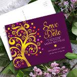 Burgundy Bat Mitzvah Save Date Gold Tree of Life Invitation Postcard<br><div class="desc">Make sure all your friends and relatives will be able to celebrate your daughter’s milestone Bat Mitzvah! Send out this stunning, graphic faux gold foil tree with sparkly pink, orange, and red Star of David and dot “leaves” on a rich purple burgundy background, personalised “Save the Date” announcement postcard. Personalise...</div>