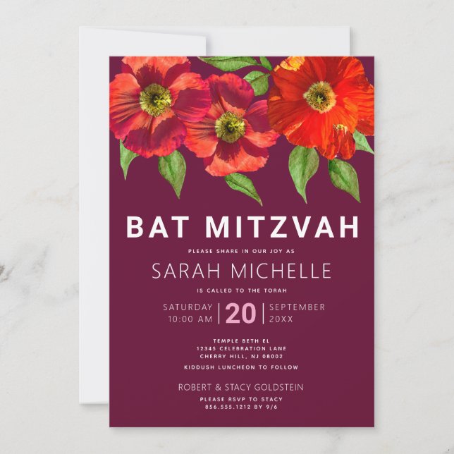 Burgundy Bat Mitzvah Watercolor Floral Modern Invitation (Front)