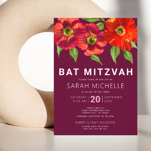 Burgundy Bat Mitzvah Watercolor Floral Modern Invitation