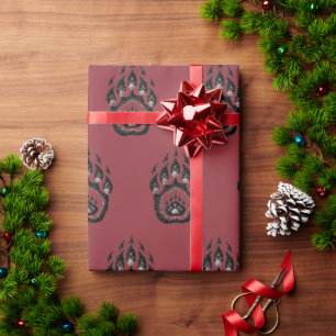 Burgundy Bear Paw Print Folk Art Wrapping Paper