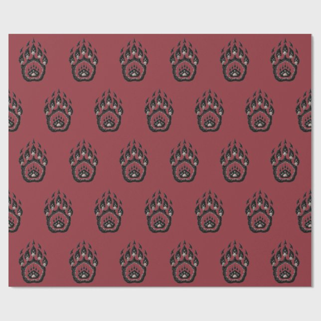 Burgundy Bear Paw Print Folk Art Wrapping Paper (Flat)