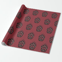 Burgundy Bear Paw Print Folk Art Wrapping Paper