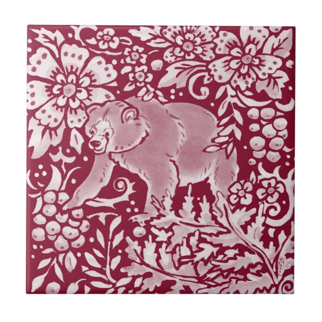 Burgundy Bear Woodland Forest Animal Floral  Tile (Front)