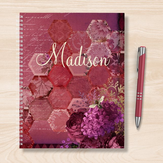 Burgundy Bee Floral Girly Chic Modern Name Notebook (Creator Uploaded)