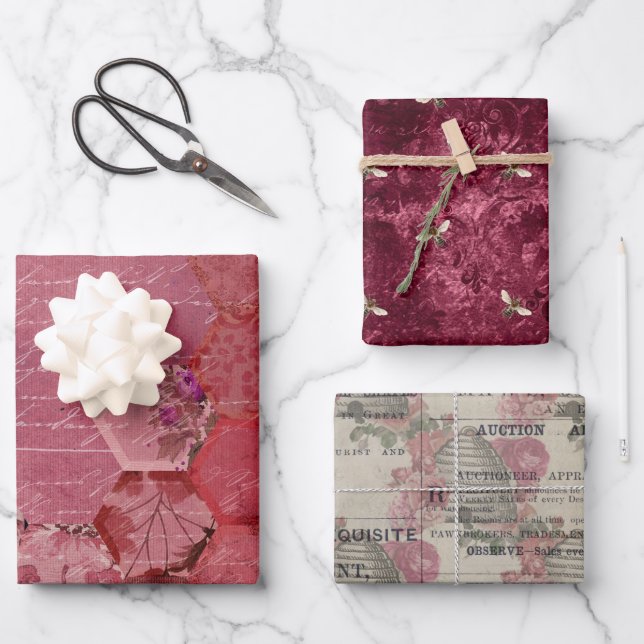 Burgundy Bee Series Design Five Wrapping Paper Sheet (Front)