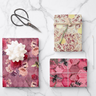 Burgundy Bee Series Design Four Wrapping Paper Sheet