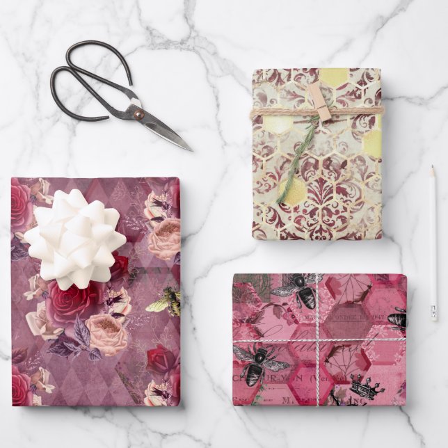 Burgundy Bee Series Design Four Wrapping Paper Sheet (Front)