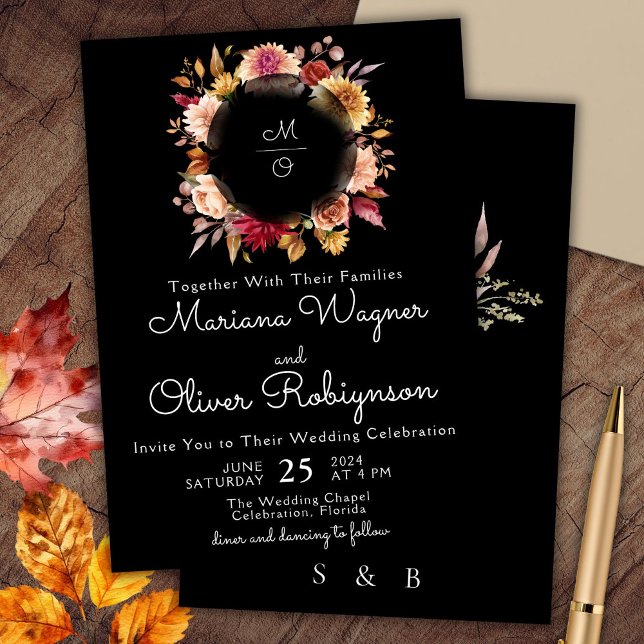 Burgundy Beige Black Floral Wedding Invitation (Creator Uploaded)