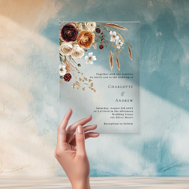 Burgundy beige pampas florals clear wedding acrylic invitations (Creator Uploaded)