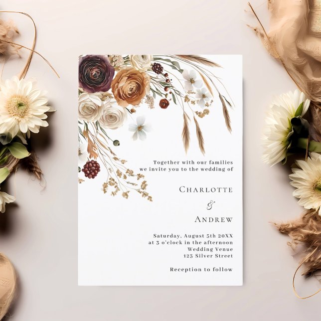 Burgundy beige pampas florals luxury wedding invitation (Creator Uploaded)