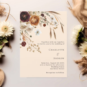 Burgundy beige pampas florals luxury wedding invitation