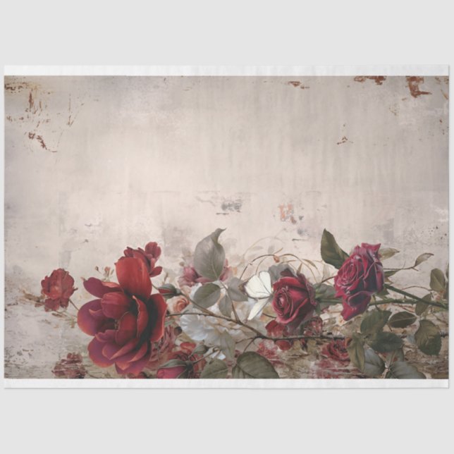 Burgundy & Beige, Roses Floral, Shabby Chic Tissue Paper (Front)