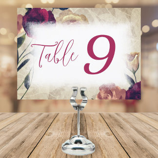 Burgundy & Beige Roses Wedding Table Number Sign