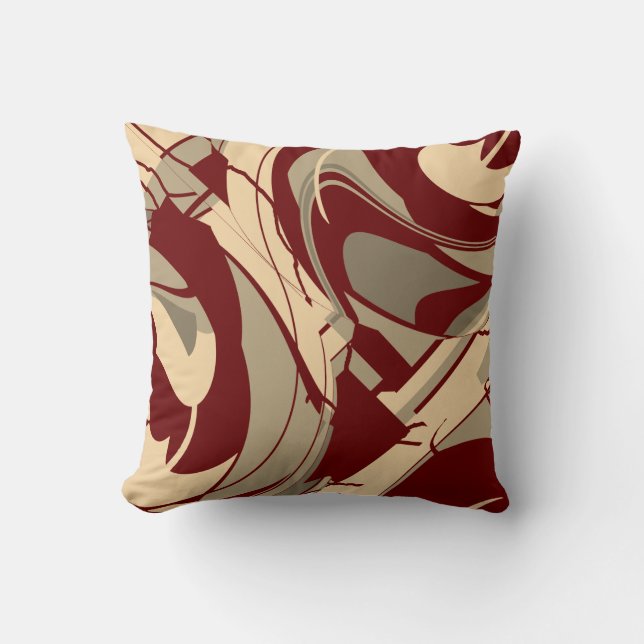 Burgundy Beige Taupe Flowing Floral Art Design Cushion (Front)