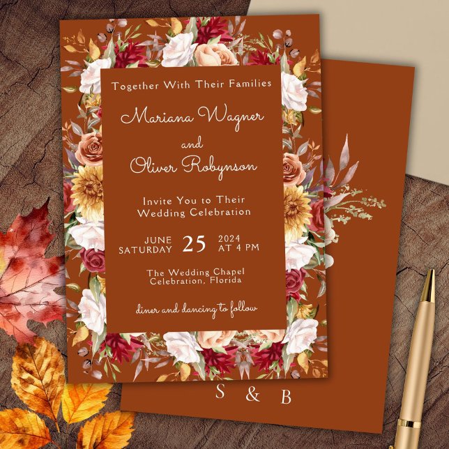 Burgundy Beige Terracotta Fall Floral Wedding Invitation (Creator Uploaded)